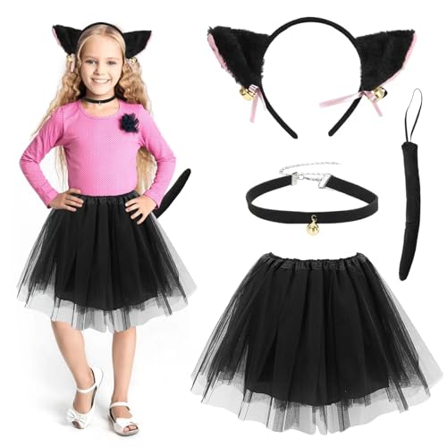 Katzen Kostüm Mädchen Kinder, 4 tlg Katzenkostüm Set Kinder, Kätzchenkostüm Katzen Cosplay Set mit Black Tutu with Cat Ears, Girls Kitten Costume für Fasching Karneval Party Dekoration Accessoires Katzen Kostüm Mädchen Kinder, 4 tlg Katzenkostüm Set Kinder, Kätzchenkostüm Katzen Cosplay Set mit Black Tutu with Cat Ears, Girls Kitten Costume für Fasching Karneval Party Dekoration Accessoires von Booaee