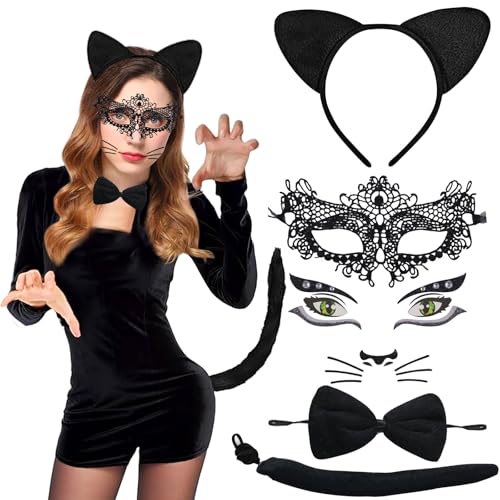 Katzenkostüm Damen Mädchen,5 Stück Katzen Kostüm Set Cosplay Fasching Katze Damen mit Katzenohren Haarreif Schwanz Gesichtsaufkleber Fliege Katzemask für Frauen Mädchen Halloween Karneval Cosplay Katzenkostüm Damen Mädchen,5 Stück Katzen Kostüm Set Cosplay Fasching Katze Damen mit Katzenohren Haarreif Schwanz Gesichtsaufkleber Fliege Katzemask für Frauen Mädchen Halloween Karneval Cosplay von Booaee
