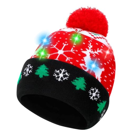 LED Weihnachtsmütze Erwachsene, Weihnachtsmützen mit LED Licht, Unisex Bommel Mütze mit Licht, Dehnbare Strickmütze, Rentier Schneefall Bedruckt, Leuchtende Weihnachtsmütze für Weihnachts Dekoration LED Weihnachtsmütze Erwachsene, Weihnachtsmützen mit LED Licht, Unisex Bommel Mütze mit Licht, Dehnbare Strickmütze, Rentier Schneefall Bedruckt, Leuchtende Weihnachtsmütze für Weihnachts Dekoration von Booaee