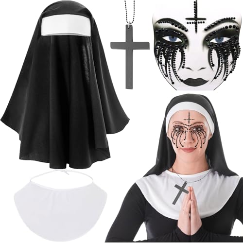 Nonne Kostüm Damen, 4 Stück Halloween Horror Nonne Kostüm, Halloween Nonnen Kostüm Damen Horror,Nonnen Kopfbedeckung Nonnenhaube mit Schwarz Diamantaufkleber und Kreuz Kette für Karneval,Cosplay Party Nonne Kostüm Damen, 4 Stück Halloween Horror Nonne Kostüm, Halloween Nonnen Kostüm Damen Horror,Nonnen Kopfbedeckung Nonnenhaube mit Schwarz Diamantaufkleber und Kreuz Kette für Karneval,Cosplay Party von Booaee