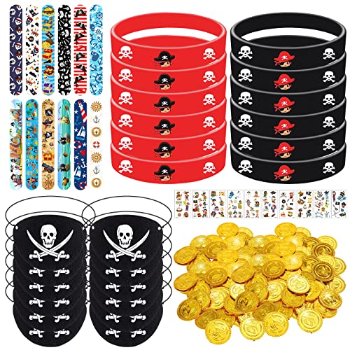 Booaee Piraten Party Mitgebsel,70Stück Piraten Deko Schatzkiste Kindergeburtstag mit Piratenmünzen Piraten Silikonarmband Augenklappe Tattoos Piraten Kostüm Zubehör Give Aways Kindergeburtstag Jungen von Booaee