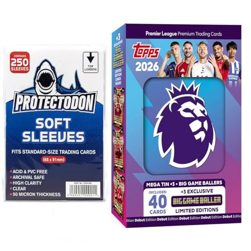 Topps Premier League 2025/26 Mega Tin #3 - Big Game Baller - Enthält 40 Karten plus 3 Globaller Globallers Trading Cards + 250 Protectodon Card Sleeves von Booghe