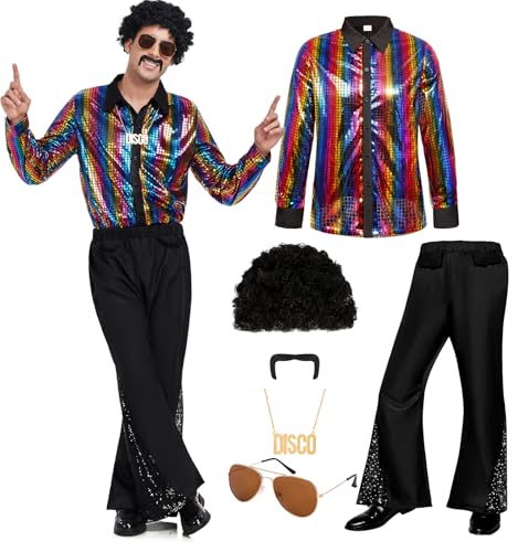 Bordazor Herren 70er Jahre Disco Outfit Retro 70er Jahre Kostüm Glockenunterteil Hose Langarm Shirts 70er Jahre Perücken Sets für Halloween Party, Bunt, L Bordazor Herren 70er Jahre Disco Outfit Retro 70er Jahre Kostüm Glockenunterteil Hose Langarm Shirts 70er Jahre Perücken Sets für Halloween Party, Bunt, L von Bordazor