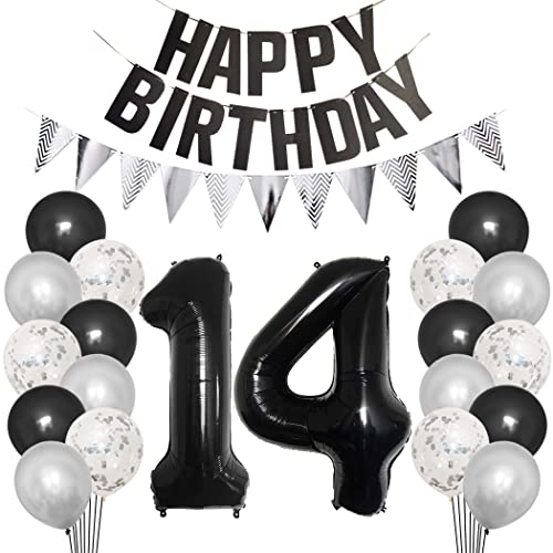 Borsgye 14. Geburtstag Deko Set 14 Jahr Geburtstagsdeko Ballon Männer Junge Frauen Schwarz Happy Birthday Banner Silber Glitzernder Dreiecks Banner Konfetti Luftballons Schwarz Folienballon Zahl 14 von Borsgye