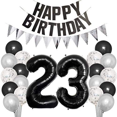 Borsgye 23. Geburtstag Deko Set 23 Jahr Geburtstagsdeko Ballon Männer Junge Frauen Schwarz Happy Birthday Banner Silber Glitzernder Dreiecks Banner Konfetti Luftballons Schwarz Folienballon Zahl 23 von Borsgye