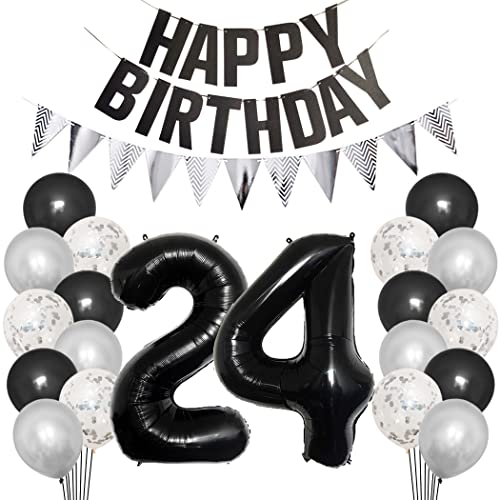 Borsgye 24. Geburtstag Deko Set 24 Jahr Geburtstagsdeko Ballon Männer Junge Frauen Schwarz Happy Birthday Banner Silber Glitzernder Dreiecks Banner Konfetti Luftballons Schwarz Folienballon Zahl 24 von Borsgye