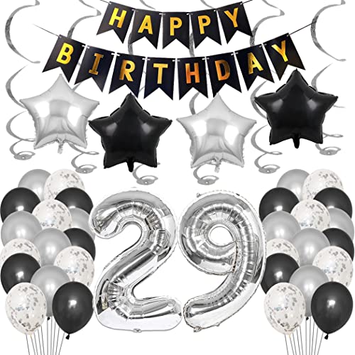 Borsgye 29. Geburtstag Dekoration Set 29 Jahr Geburtstagsdeko Ballon Männer Junge Frauen Schwarz Happy Birthday Banner Folie Sterne Luftballons Konfetti Luftballons Silber Folienballon Zahl 29 von Borsgye