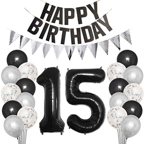 Borsgye 15. Geburtstag Deko Set 15 Jahr Geburtstagsdeko Ballon Männer Junge Frauen Schwarz Happy Birthday Banner Silber Glitzernder Dreiecks Banner Konfetti Luftballons Schwarz Folienballon Zahl 15 Borsgye 15. Geburtstag Deko Set 15 Jahr Geburtstagsdeko Ballon Männer Junge Frauen Schwarz Happy Birthday Banner Silber Glitzernder Dreiecks Banner Konfetti Luftballons Schwarz Folienballon Zahl 15 von Borsgye