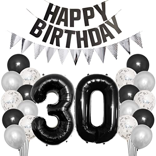 Borsgye 30. Geburtstag Deko Set 30 Jahr Geburtstagsdeko Ballon Männer Junge Frauen Schwarz Happy Birthday Banner Silber Glitzernder Dreiecks Banner Konfetti Luftballons Schwarz Folienballon Zahl 30 von Borsgye