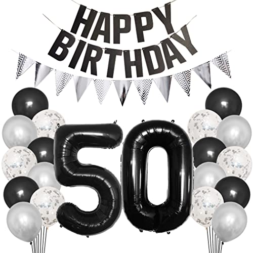 Borsgye 50. Geburtstag Deko Set 50 Jahr Geburtstagsdeko Ballon Männer Junge Frauen Schwarz Happy Birthday Banner Silber Glitzernder Dreiecks Banner Konfetti Luftballons Schwarz Folienballon Zahl 50 von Borsgye