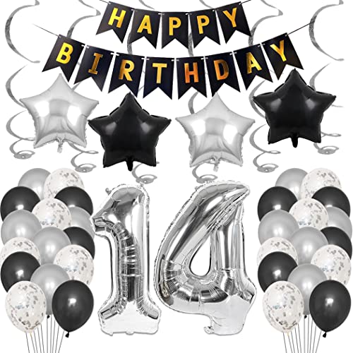 Borsgye 14. Geburtstag Dekoration Set 14 Jahr Geburtstagsdeko Ballon Männer Junge Frauen Schwarz Happy Birthday Banner Folie Sterne Luftballons Konfetti Luftballons Silber Folienballon Zahl14 von Borsgye