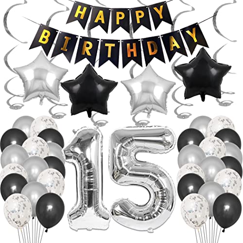 Borsgye 15. Geburtstag Dekoration Set 15 Jahr Geburtstagsdeko Ballon Männer Junge Frauen Schwarz Happy Birthday Banner Folie Sterne Luftballons Konfetti Luftballons Silber Folienballon Zahl15 von Borsgye