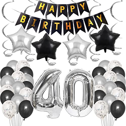 Borsgye 40. Geburtstag Dekoration Set 40 Jahr Geburtstagsdeko Ballon Männer Junge Frauen Schwarz Happy Birthday Banner Folie Sterne Luftballons Konfetti Luftballons Silber Folienballon Zahl 40 von Borsgye