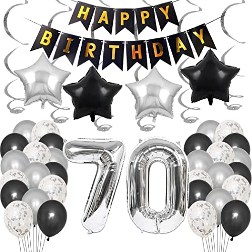 Borsgye 70. Geburtstag Dekoration Set 70 Jahr Geburtstagsdeko Ballon Männer Junge Frauen Schwarz Happy Birthday Banner Folie Sterne Luftballons Konfetti Luftballons Silber Folienballon Zahl 70 von Borsgye