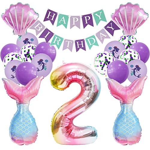 Borsgye Großes Meerjungfrau Folienballons Muscheln Ozean Helium Mylar Ballons Happy Birthday Banner Lila Luftballon Glitzer Latexballons Happy Birthday Mädchen Party Geburtstag Deko - Zahl 2 von Borsgye
