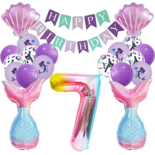 Borsgye Großes Meerjungfrau Folienballons Muscheln Ozean Helium Mylar Ballons Happy Birthday Banner Lila Luftballon Glitzer Latexballons Happy Birthday Mädchen Party Geburtstag Deko - Zahl 7 von Borsgye