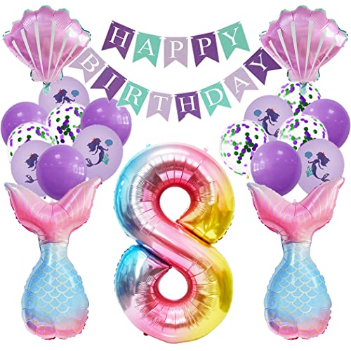 Borsgye Großes Meerjungfrau Folienballons Muscheln Ozean Helium Mylar Ballons Happy Birthday Banner Lila Luftballon Glitzer Latexballons Happy Birthday Mädchen Party Geburtstag Deko - Zahl 8 von Borsgye