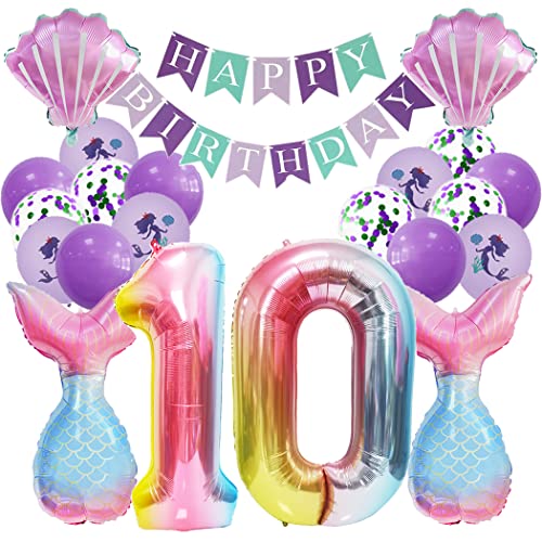 Borsgye Großes Meerjungfrau Folienballons Muscheln Ozean Helium Mylar Ballons Happy Birthday Banner Lila Luftballon Glitzer Latexballons Happy Birthday Mädchen Party Geburtstag Deko - Zahl 10 von Borsgye