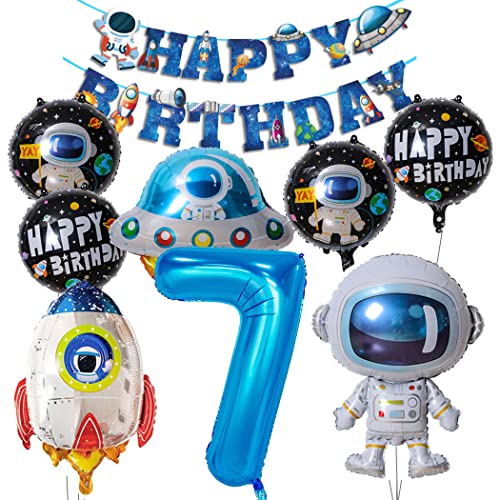 Borsgye Weltraum Geburtstag Party Dekoration Groß Astronauten Raketen Mond Luftballon Geburtstagsdeko Set Happy Birthday Banner Round Folienballon Kinder Blau 7. Geburtstag Party Dekoration von Borsgye