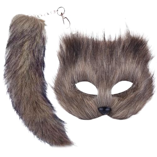 Botiniv Therian Tail Maskes Set | Pelzige Katzenmaske Cosplay Maskerade Set | Pelzige Fuchsmaske mit 11,8 Zoll-Schwanz für Frauen Mädchen | Halloween Wolf Katzen Masken für Karneval Party Zubehör von Botiniv