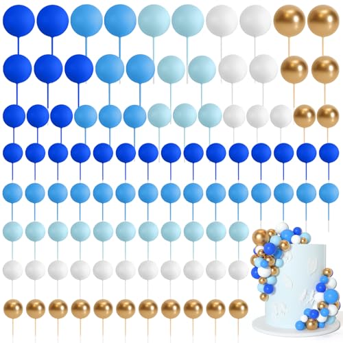 Bouiexye 75 Stück Cake Topper Decoration Tortendeko Kugeln Deko Torte Kuchendeko für Geburtstag Party Babyparty Kuchendekoration Hochzeit（Blau Gold Weiß Serie） von Bouiexye