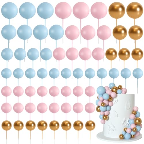 Bouiexye 75 Stück Cake Topper Decoration Tortendeko Kugeln Deko Torte Kuchendeko für Geburtstag Party Babyparty Kuchendekoration Hochzeit（Blau Rosa Gold） von Bouiexye