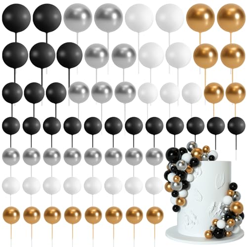 Bouiexye 75 Stück Cake Topper Decoration Tortendeko Kugeln Deko Torte Kuchendeko für Geburtstag Party Babyparty Kuchendekoration Hochzeit（Schwarz, Gold, Silber, Weiß） von Bouiexye