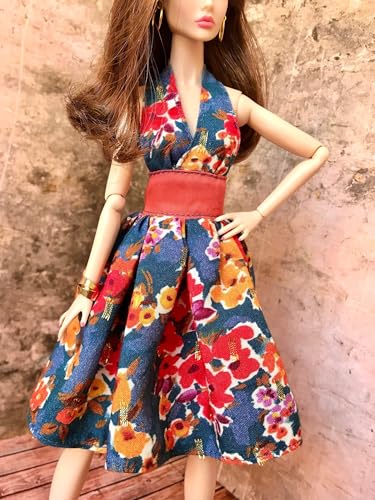 BQ‑Avena – Blumen-Halterkleid mit weitem Rock für Modepuppen 30 cm (1/6 Puppen) Floral Red-Blue von Bouutique