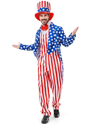 Boveco Uncle Sam Kostüm 4. Juli für Herren, 6-teiliges Deluxe-Anzug-Set, amerikanische Flagge, Unabhängigkeitstag, patriotisch, für Party, Cosplay, Größe L von Boveco