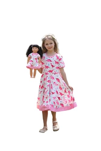 Bow Dream Mädchen Kleid Rosa Herz Einhorn mit passendem American Girl Puppe Kleidung Zubehör, Rosa, Dinosaurier, 5-6 Jahre Bow Dream Mädchen Kleid Rosa Herz Einhorn mit passendem American Girl Puppe Kleidung Zubehör, Rosa, Dinosaurier, 5-6 Jahre von Bow Dream