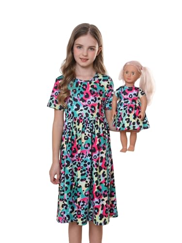 Bow Dream Mädchen Kleid und passende Puppenkleidung Zubehör für Mädchen Kurzarm Leopard Kinder Kleid, Leopard, 11-12 Jahre von Bow Dream