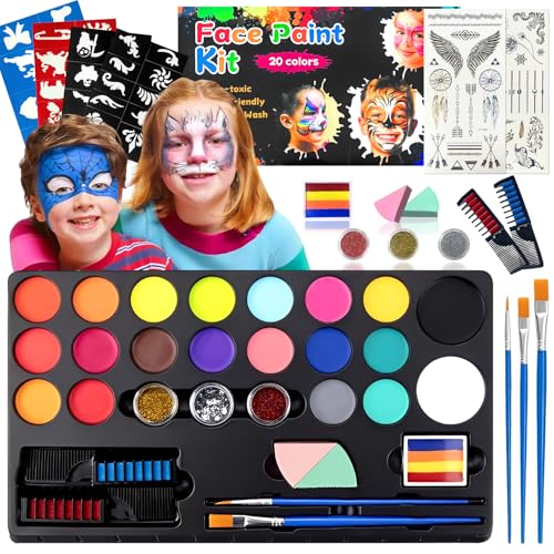 Kinderschminke Set,20 Farben Gesichtsfarben Kinderschminken,38Pcs Ungiftige Face Paint,Waschbar Face Painting Kit for Kids,mit Haarkreiden Pinsel,Ideal Kinderschminke Set für Halloween Karneval von Bowasin