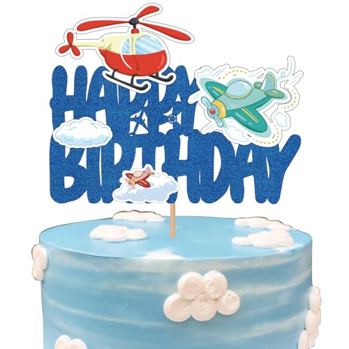 1 Packung Flugzeug-Kuchenaufsatz, Luftflugzeug, Happy Birthday, Partyzubehör, blaue Plektrum-Dekoration für Reisen, Airman-Thema, Geburtstag, Babyparty, Jungen, Mädchen, Kinder, Dekorationen, Flugzeug von Boweurois