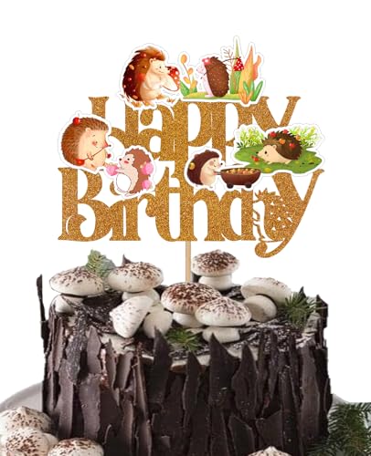 1 x Igel-Geburtstagsparty-Dekoration, Happy Cake Topper braun, dekoratives Thema, Kuchendekoration, Waldtiere, Babyparty, doppelseitiger Druck, Wald, Dschungel, Safari, niedliche Cartoon-Dekoration von Boweurois