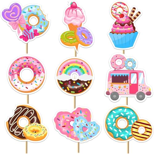 Boweurois Donut-Cupcake-Topper, 36 Stück Partydekorationen, vormontierte Kuchenspieße mit Zahnstochern in Lebensmittelqualität, Geburtstagsparty-Zubehör von Boweurois