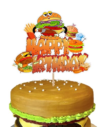 Glitzernder Happy Birthday Hamburger-Kuchenaufsatz, leckere gebratene Lebensmittel, Themenparty, Gastgeschenke, Dekorationen, Männer, Frauen, Kinder, Dekoration, Motto-Babyparty, Dekoration, Jungen von Boweurois
