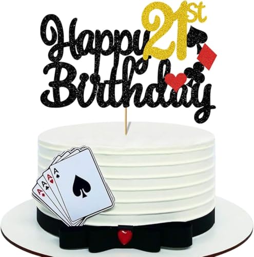 Tortenaufsatz "Happy 21st Birthday", Casino-Kuchenaufsatz, Happy Birthday, Las Vegas, Pokerspiel, Chips, Pick, für Nacht-Themen, Glücksspiele, Party-Dekorationen, Zubehör, 1 Stück von Boweurois