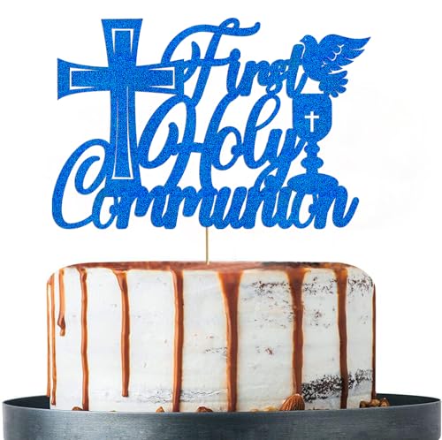 Tortenaufsatz zur Erstkommunion, glitzernd, blau, für Jungen und Mädchen, Erstkommunion, Taufe, Babyparty, Partyzubehör von Boweurois