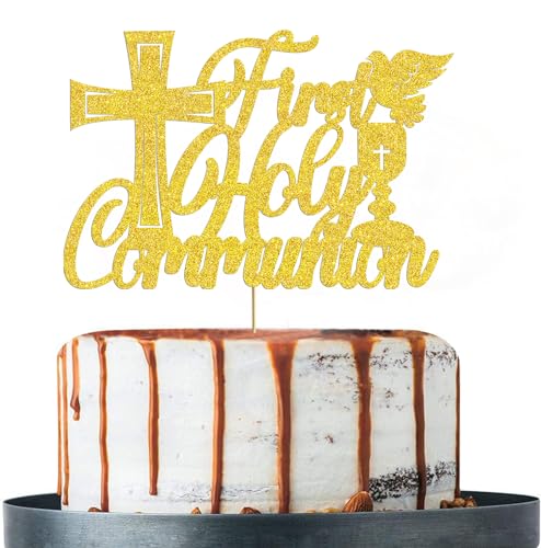 Tortenaufsatz zur Erstkommunion, glitzernd, goldfarben, für Jungen und Mädchen, Erstkommunion, Taufe, Babyparty, Partyzubehör von Boweurois