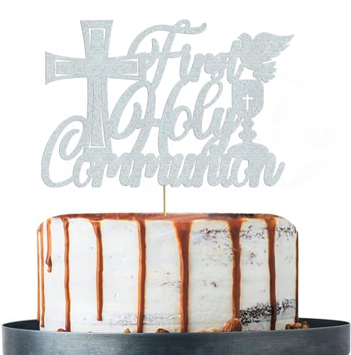 Tortenaufsatz zur Erstkommunion, glitzernd, silberfarben, für Jungen und Mädchen, Erstkommunion, Taufe, Babyparty, Partyzubehör von Boweurois