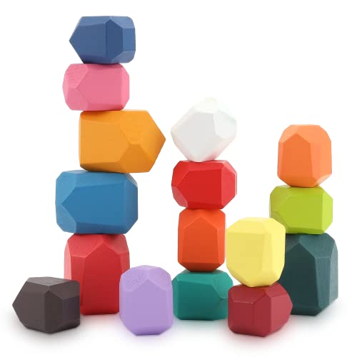 Boxiki kids Montessori Hölzern Stapelsteine, 24 Teilig Mehrfarbig Balanciersteine zum Lernen Farb- und Formerkennung, Spaß Pädagogisch Sensorik Holzspielzeug für Kleinkinder von Boxiki kids