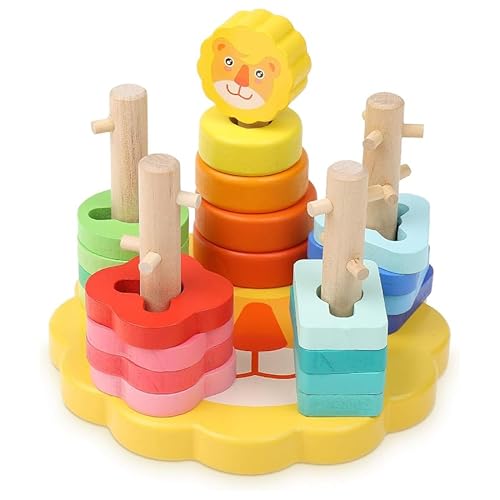 Boxiki kids Holzpuzzle für geometrische Stapel- und Sortierbretter zur Form- und Farberkennung. Geburtstagsgeschenkspielzeug für Kinder (Löwe) von Boxiki kids