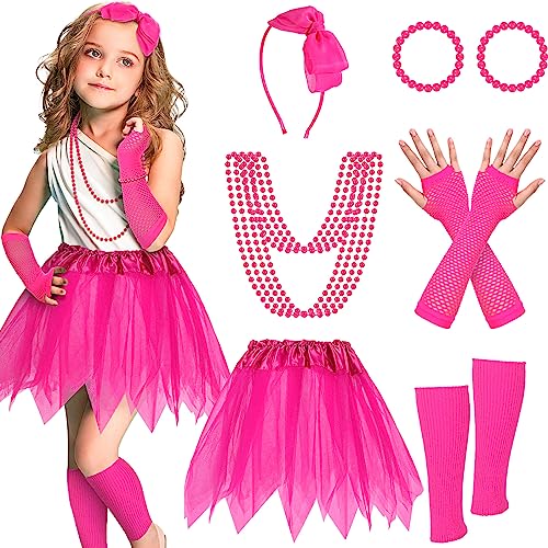 Boyiee 80er-Jahre-Kostüm-Zubehör für Mädchen, Halloween, Weihnachtskostüm für Kinder, Neon-Tutu, Beinstulpen, Fischnetz-Handschuhe (Rosarot), 10 Stück von Boyiee