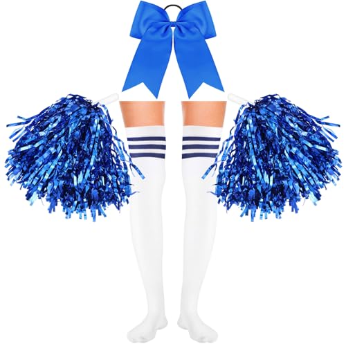 Boyiee 4 Stück Cheerleader Kostüm Set 2 Cheerleader Pompons Handblumen mit 1 Schleife Haarbänder 1 Paar Cheerleader Strümpfe Cheerleader Outfit Faschingskostüme für Karneval Sport(Blau) von Boyiee