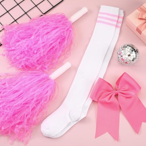 Boyiee 4 Stück Cheerleader Kostüm Set 2 Cheerleader Pompons Handblumen mit 1 Schleife Haarbänder 1 Paar Cheerleader Strümpfe Cheerleader Outfit Faschingskostüme für Karneval Sport(Rosa) von Boyiee