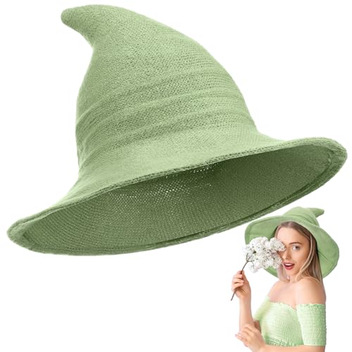 Boyiee Gestrickt Hexe Hut Breitkrempe Gestrickte Mütze Halloween Hexenhut Faltbare Zipfelmütze für Damen Halloween Cosplay Kostüm Maskerade Zubehör(56–58 cm,Grün,1 Stück) von Boyiee