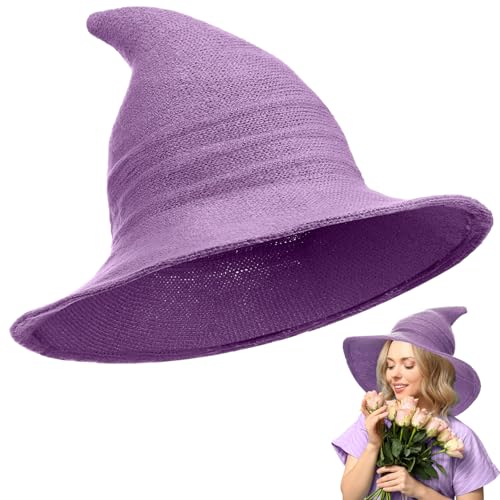 Boyiee Gestrickt Hexe Hut Breitkrempe Gestrickte Mütze Halloween Hexenhut Faltbare Zipfelmütze für Damen Halloween Cosplay Kostüm Maskerade Zubehör(56–58 cm,Lila,1 Stück) von Boyiee