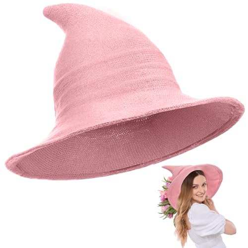 Boyiee Gestrickt Hexe Hut Breitkrempe Gestrickte Mütze Halloween Hexenhut Faltbare Zipfelmütze für Damen Halloween Cosplay Kostüm Maskerade Zubehör(56–58 cm,Pink,1 Stück) von Boyiee