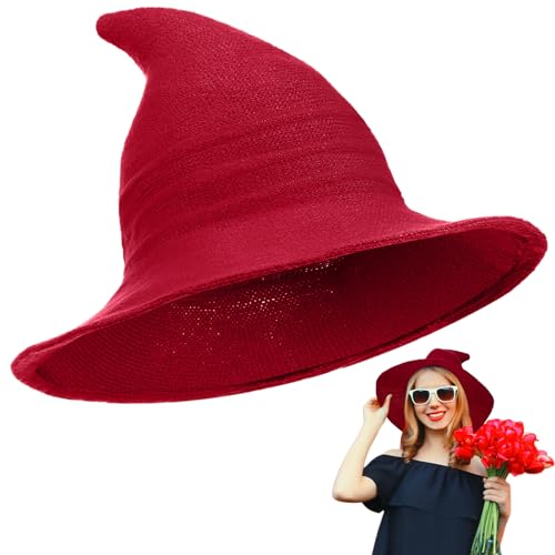 Boyiee Gestrickt Hexe Hut Breitkrempe Gestrickte Mütze Halloween Hexenhut Faltbare Zipfelmütze für Damen Halloween Cosplay Kostüm Maskerade Zubehör(56–58 cm,Rot,1 Stück) von Boyiee