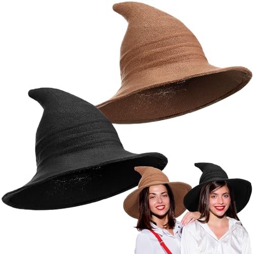 Boyiee Gestrickt Hexe Hut Breitkrempe Gestrickte Mütze Halloween Hexenhut Faltbare Zipfelmütze für Damen Halloween Cosplay Kostüm Maskerade Zubehör(56–58 cm,Schwarz, Karamell,2 Stück) von Boyiee